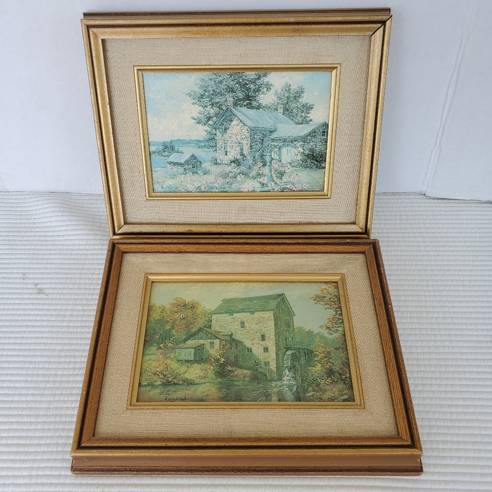 2 Cottage Prints 12"x7.5" Kierstead Gallery Vintage Wood Frame 1980s Cottagecore